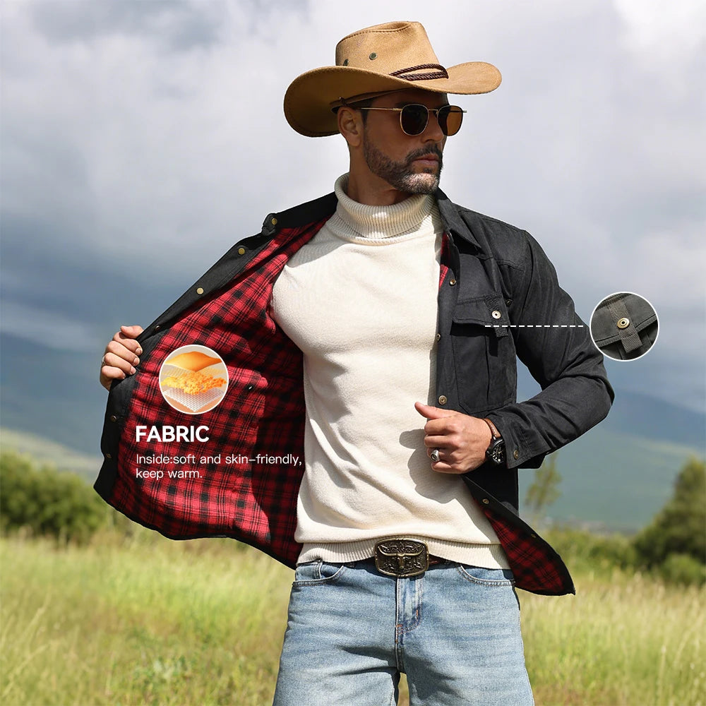 Men's Jackets Spring Flannel Lined Shirt Coat Shacket Casual Snap Button Overshirt Western Cowboy Style High Quality Top US Size