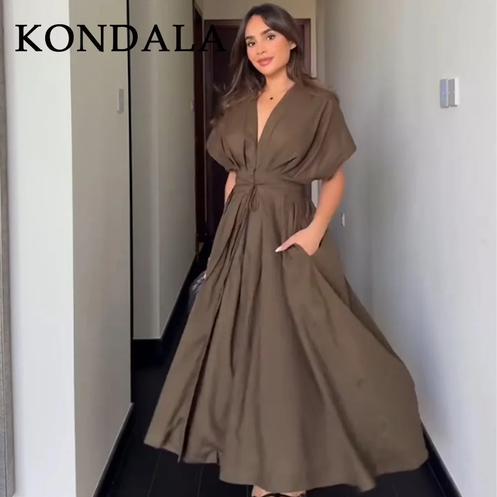 KONDALA 2026 Frühling Sommer Vintage Damenkleid Mode Einreihig Schärpen Drapierter V-Ausschnitt Ärmellos Schicke Braune Damenkleider