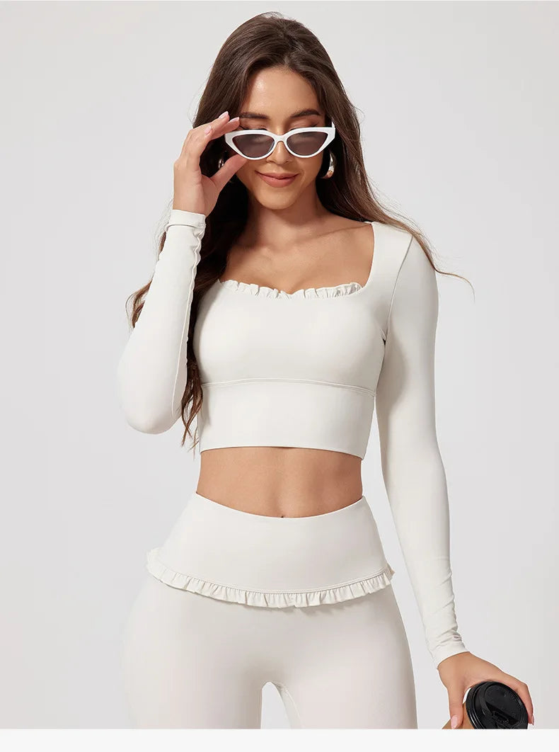 Neues Sommer 2-teiliges Damen-Fitnessstudio Yoga Damen-Outfit Outdoor Sport Schnelltrocknendes Langarmshirt-Set Damen Zweiteiler Sportbekleidung