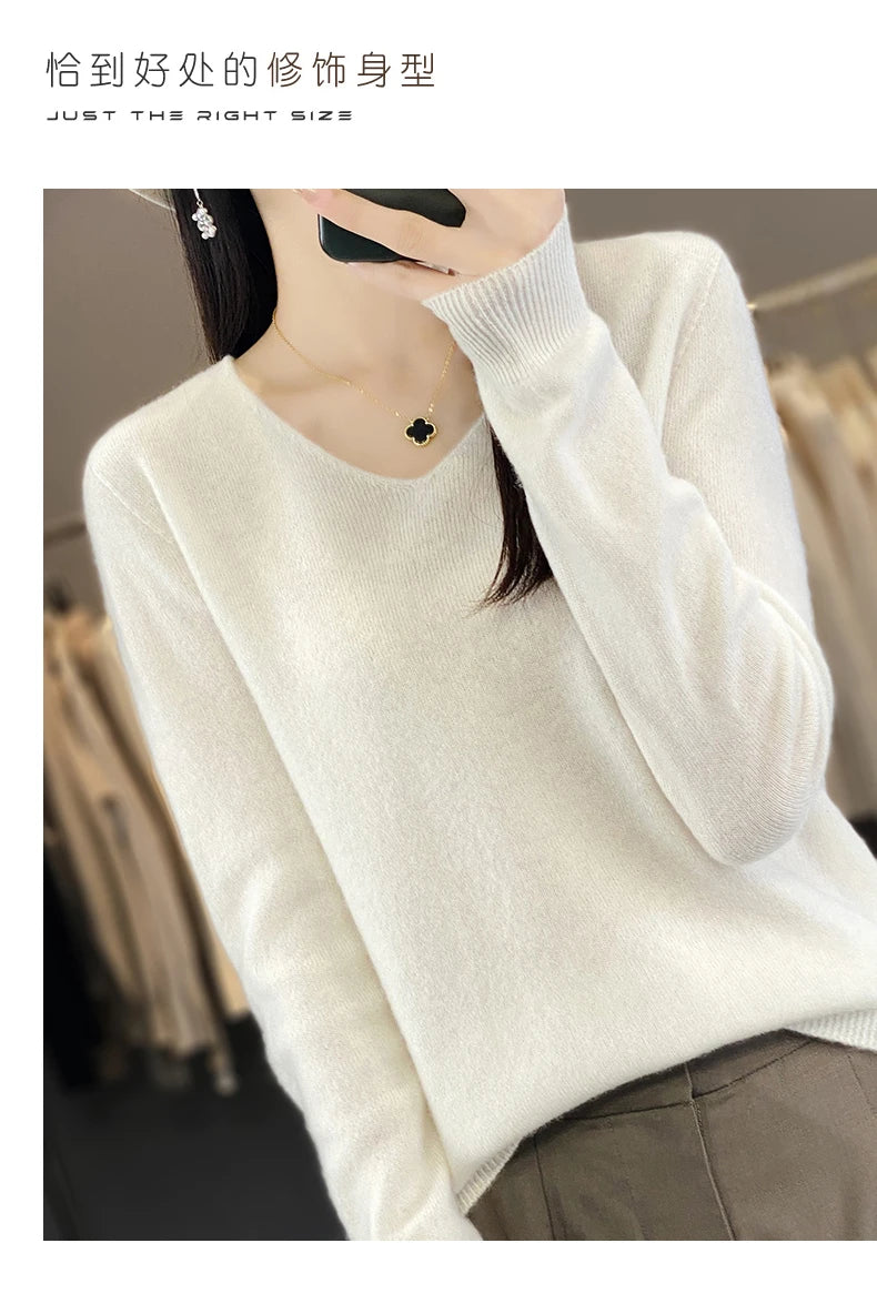 Damen 100% Merinowolle Pullover V-Ausschnitt Basic Pulli Herbst Winter Kaschmir Kleidung Langarm Weiche Strickware Oberteile Unifarben