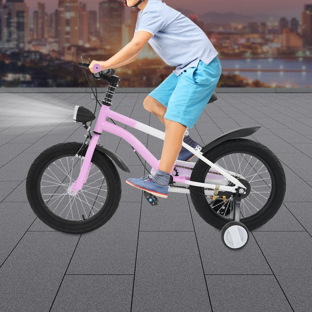 16 Zoll Kinderfahrrad Carbonstahl Mountainbike mit Stützrädern & LED-Licht für 5-8 Jahre, Höhenverstellbar, 60kg