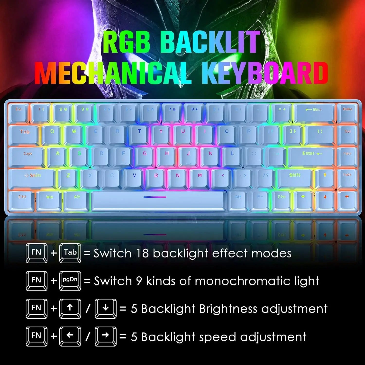 65 % kabelgebundenes mechanisches Gaming-Tastatur- und Maus-Combo, Mini-Tastatur mit 68 Tasten, RGB-Hintergrundbeleuchtung, leichte optische RGB-Wabenmaus Zweitbild