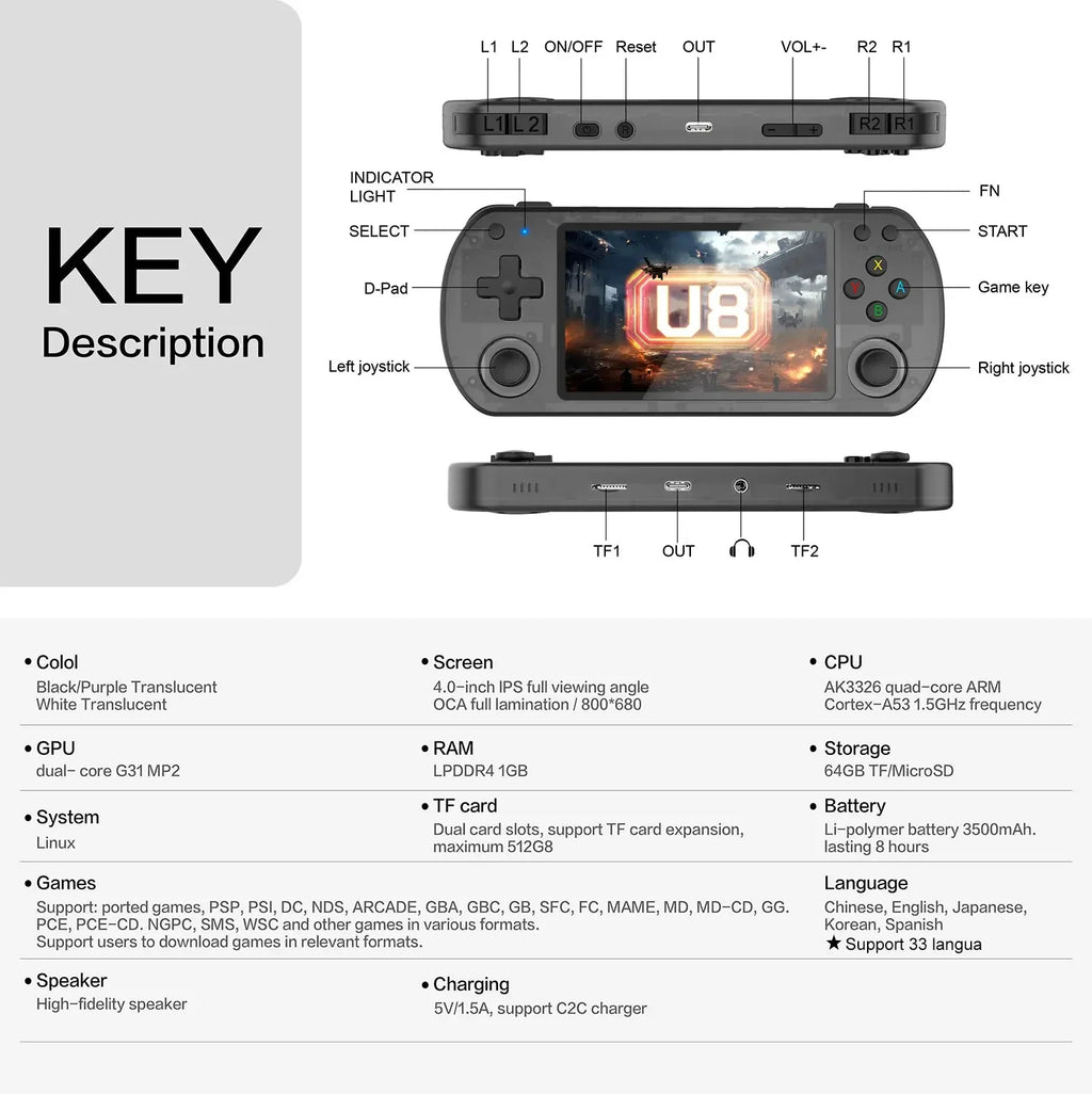 U8 Retro Handheld Spielekonsole Linux System 4.0 Zoll IPS Bildschirm R35s Pro Tragbarer Taschen-Videospieler