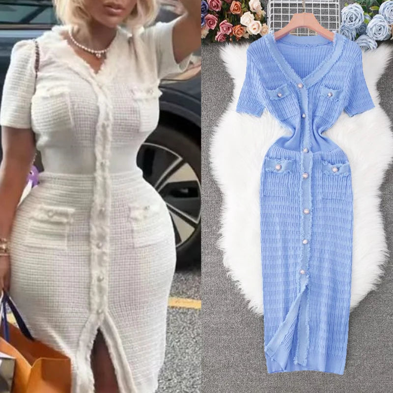 YuooMuoo 2026 Neu eingetroffen Damen Strick Maxikleid Elegant V-Ausschnitt Einreihiges Pulloverkleid Büro Dame Vestidos