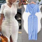 YuooMuoo 2026 Neu eingetroffen Damen Strick Maxikleid Elegant V-Ausschnitt Einreihiges Pulloverkleid Büro Dame Vestidos