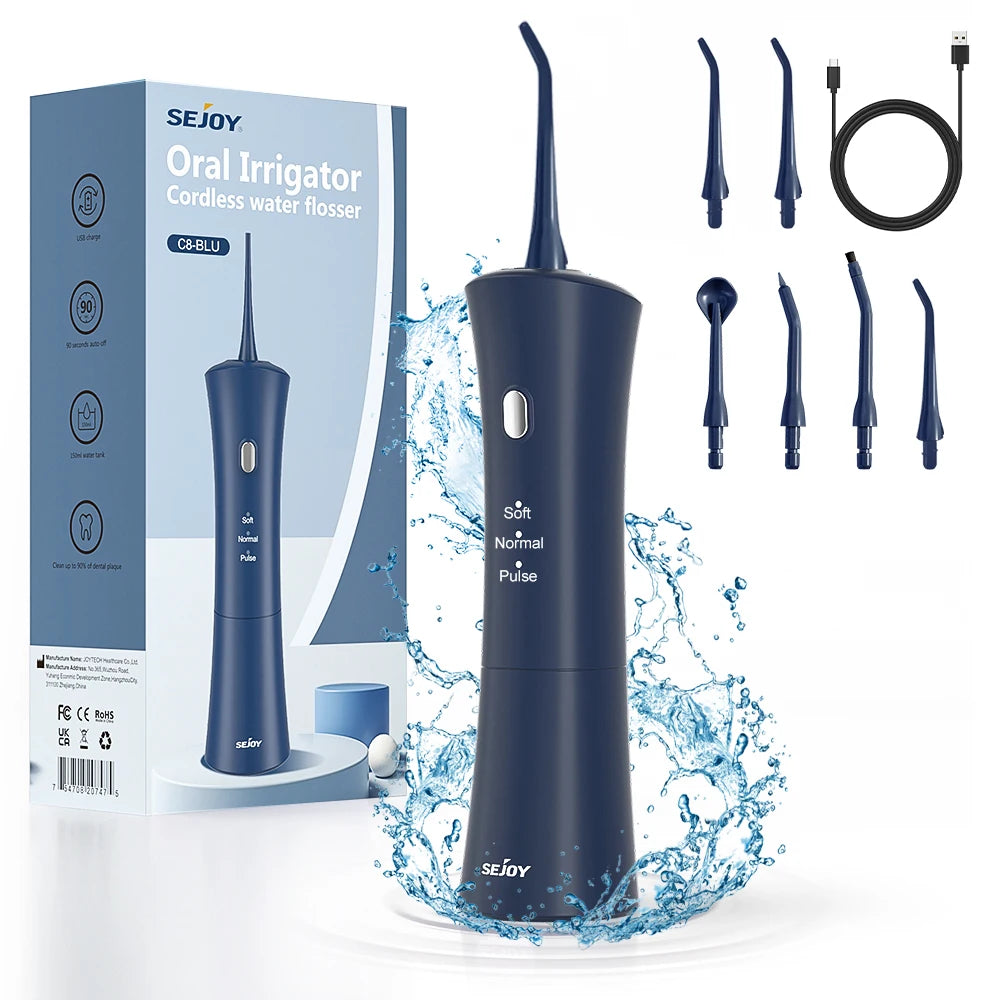 Sejoy Tragbarer elektrischer Munddusche Wasserflosser 6 Düsen 3 Modi Wiederaufladbarer Smart Dental Water Jet Zahnreiniger