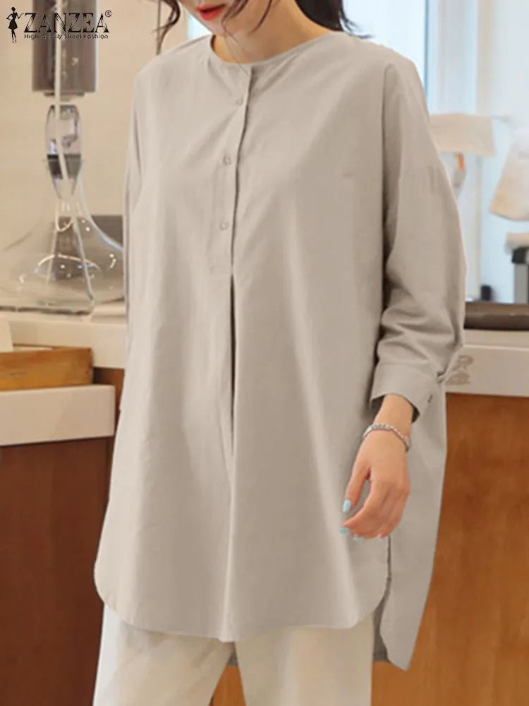 ZANZEA Mode Herbst Langarm Bluse Damen Weites Hemd Elegant Einfarbig OL Arbeitsplatten Lässig Locker Urlaub Arbeit Blusen Damen