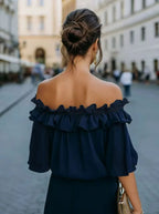 Mode Rüschen Sexy One Shoulder Damen Kurzarmshirt Sommer Neu Lässige Weite Oberteile Weibliche Elegante Vielseitige Bürobluse