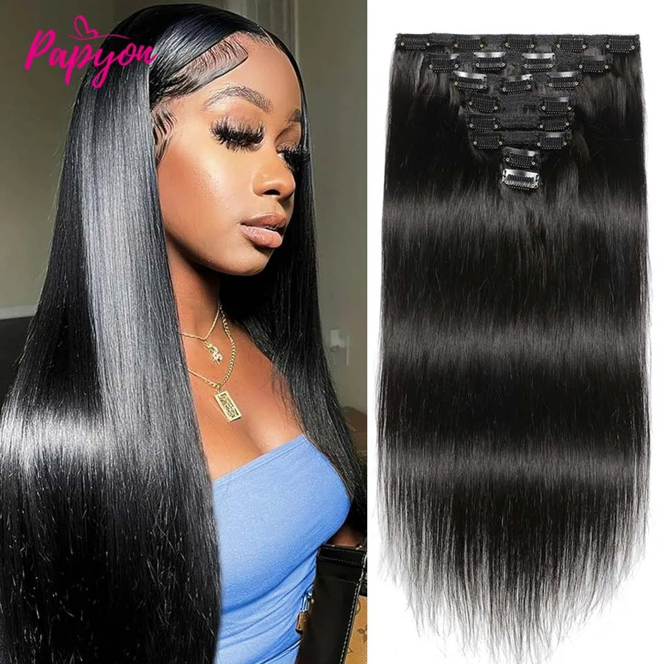 Clip-in Echthaar Extensions Brasilianisch Dick Glatt Clip-in Naturfarbe Clip-Ins Remy-Haar 22 24 26 28 Zoll für Frauen 120g/Stück
