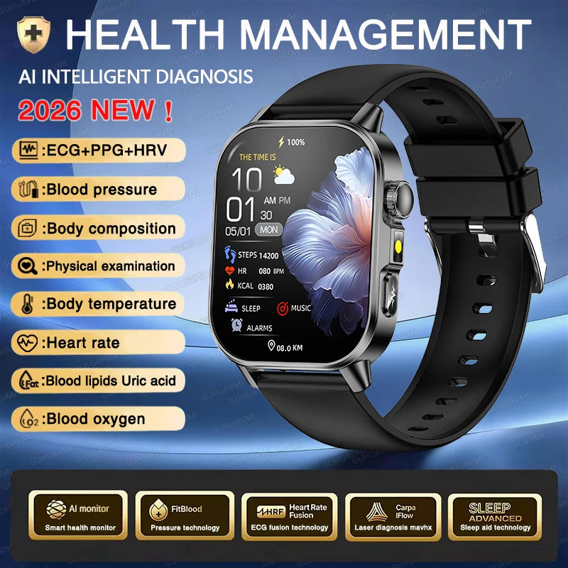 Neue Herren Smartwatch für präzise Gesundheitsdiagnose: EKG, Blutdruck, Blutsauerstoff, Blutfett, Harnsäure, Temperatur, Bluetooth-Anruf