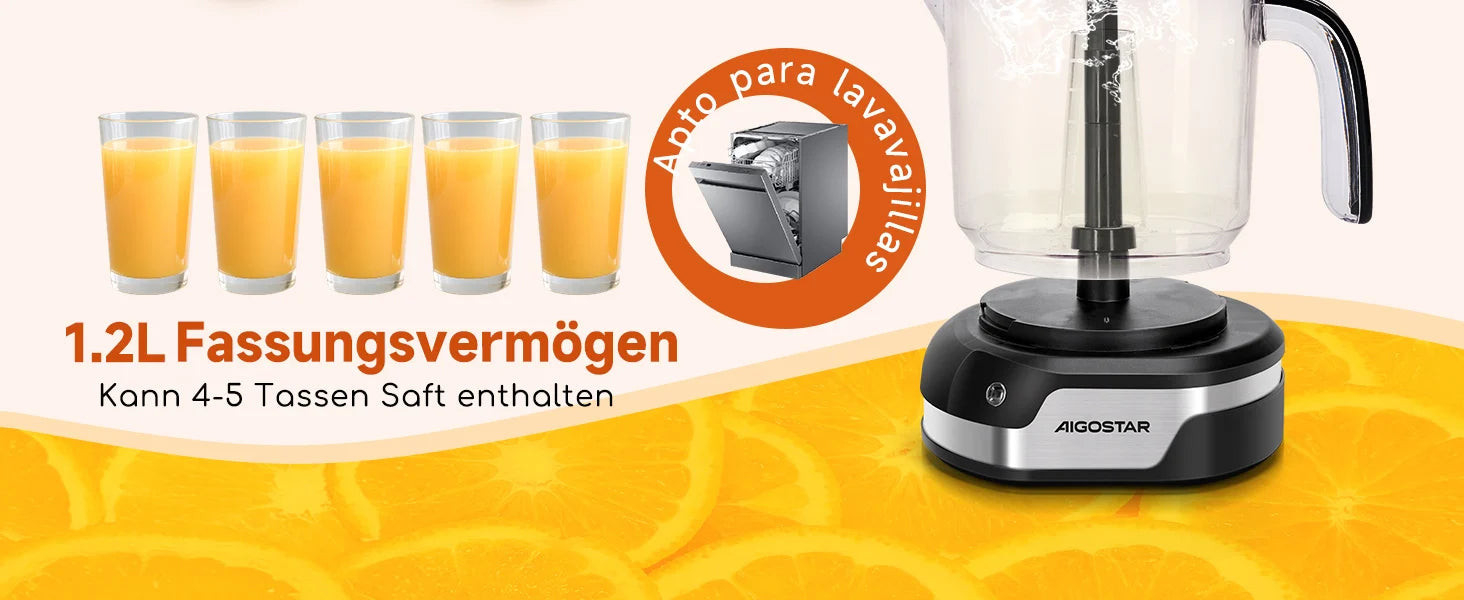 Aigostar Elektrische Zitruspresse, 1,2L große Saftpresse mit LED-Arbeitslicht und 2 abnehmbaren Kegeln, Zitronenpresse für Orangen