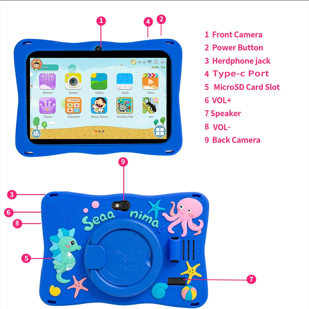 BDF Tablet für Kinder 7 Zoll Android 11 System 32 GB WiFi Bluetooth Dual-Kamera Bildungssoftware installiert mit Schutzhülle