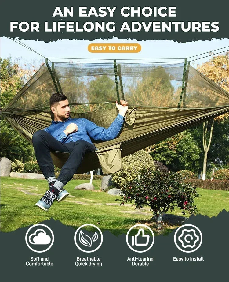 260x140cm Camping Hängematte Doppelgröße Fallschirm mit Moskitonetz Regenschutz Tarp Leicht für Wandern Reisen