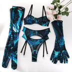 Sexy Perspektive Brustraffer Bedruckter Dessous-Set mit Handschuhen und Bein-Set für Damen, fünfteiliges Set, Damen Fun-BH- & Slip-Sets