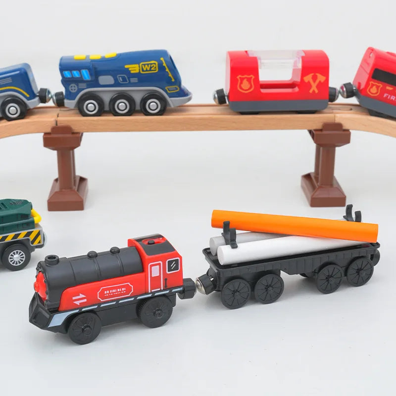 Hölzernes Elektroauto-Set Magnetischer Elektrozug mit kleiner Puppe Druckguss-Steckspielzeug-Set Kompatibel mit Eisenbahn-Holzschienenbahn