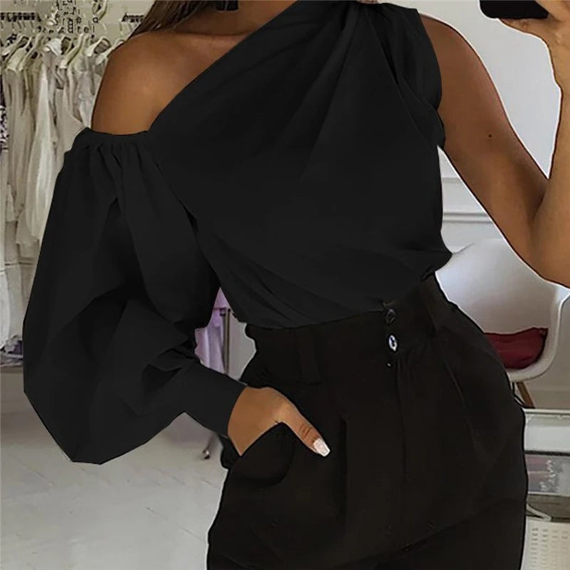 Sexy schulterfreie Damenhemden Sommer Laternenärmel Bluse Casual Loose Solid Tops Lady Elegante Blusen Femme Streetwear Hemd