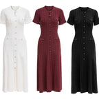 Sommer einfarbig Rundhals Kurzarm Business-Kleid Damen Koreanisch Einreiher Ausgeschnittenes langes Kleid Modetrend