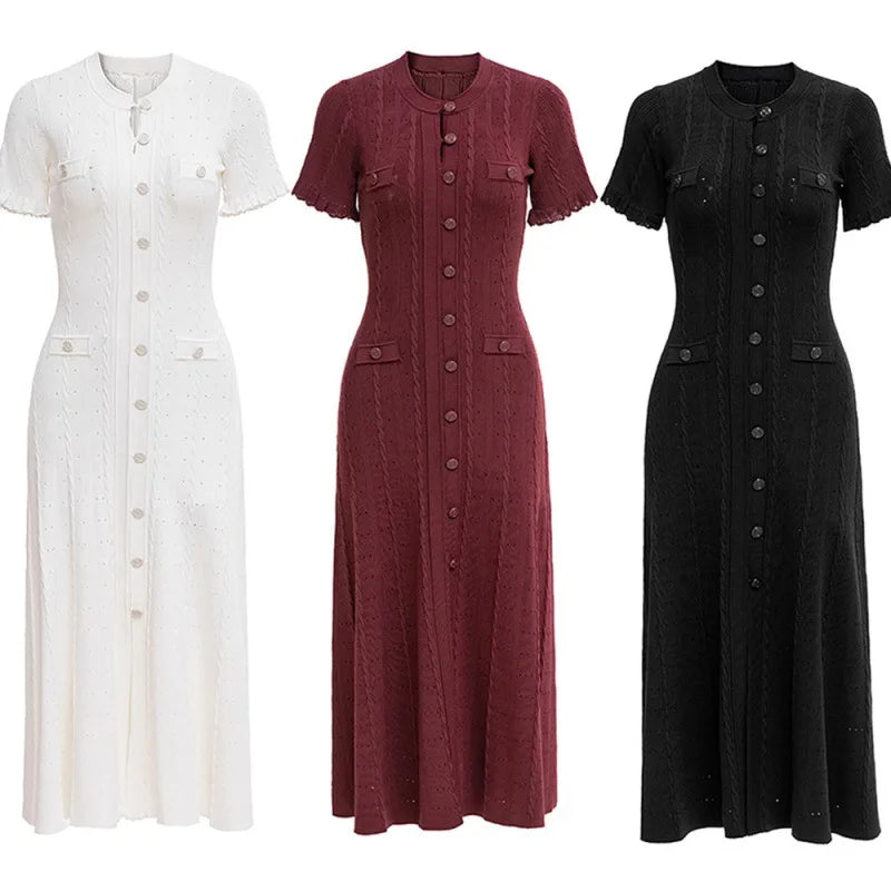 Sommer einfarbig Rundhals Kurzarm Business-Kleid Damen Koreanisch Einreiher Ausgeschnittenes langes Kleid Modetrend