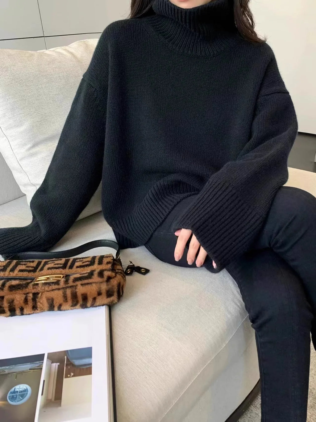 2024 Herbst und Winter Neuer dicker Kaschmirpullover Damen Rollkragenpullover Warm Locker Gestrickter Basispullover Jacke Oberteile