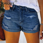 2024 Sommer neue Damen-Crimp-Knopfleiste Stretch Sexy Loch Jeans-Shorts High Waist Skinny Streetwear Trendige Ripped Denim-Shorts