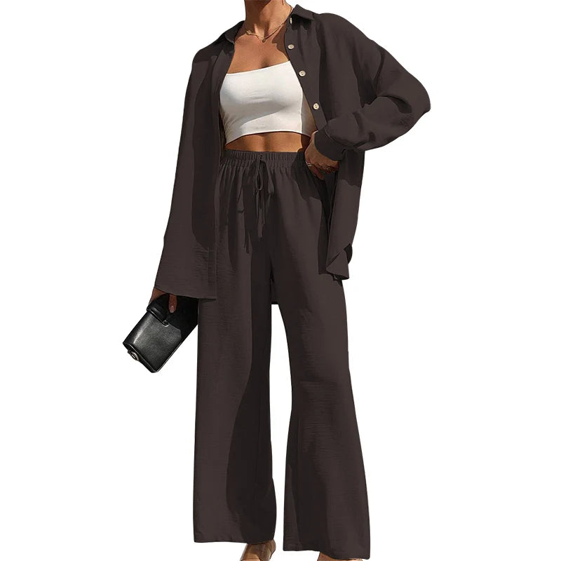Zweiteiliges Set für Damen: Einfarbiges Hemd mit Knopfleiste und Hose mit weitem Bein und Bindedetail, lässige Bluse mit überschnittenen Schultern und langen Ärmeln & Hose