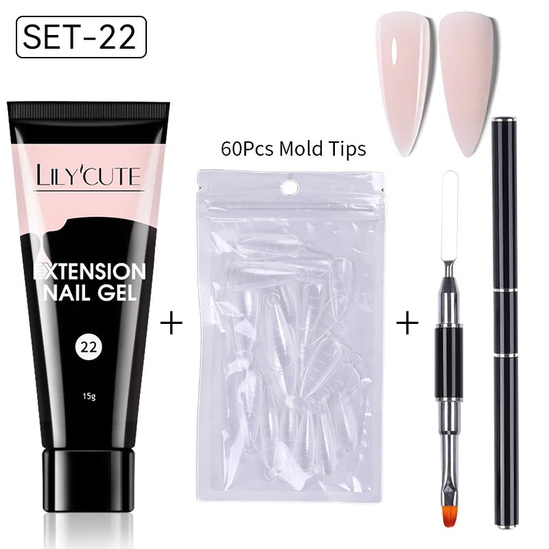 LILYCUTE 15ml Verlängerungsgel-Nagellack-Set Quick Nail Prolong mit Verlängerungsform-Nagelspitzen Acryl-Lösung Maniküre-Werkzeug-Kit