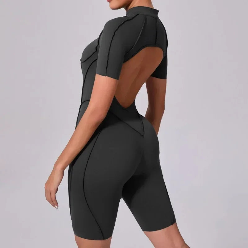 Damen-Trainingsanzug Fitness-Workout Sportkleidung Outfit Reißverschluss-Jumpsuit Yoga Fitness Overall Set Offene Rücken Bodysuits Anzug für Damen