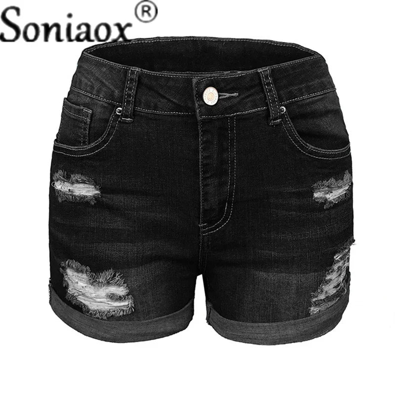 2024 Sommer neue Damen-Crimp-Knopfleiste Stretch Sexy Loch Jeans-Shorts High Waist Skinny Streetwear Trendige Ripped Denim-Shorts