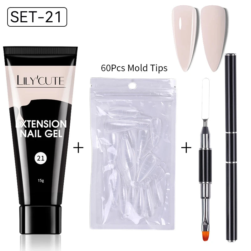 LILYCUTE 15ml Verlängerungsgel-Nagellack-Set Quick Nail Prolong mit Verlängerungsform-Nagelspitzen Acryl-Lösung Maniküre-Werkzeug-Kit