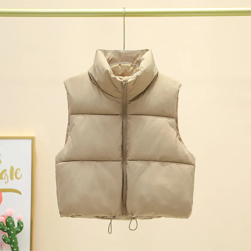 Winter Kurze Daunen Weste Damen Warmer Stehkragen Reißverschluss Jacke Freizeit Mode Gesteppte Cropped Mäntel Street Outerwear