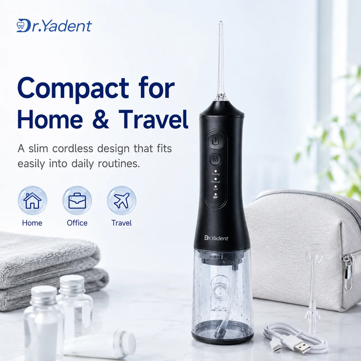 Dr.Yadent YD06 Kabelloser Munddusche Wasserflosser 300ML Tragbarer Wasserstrahl USB-C Schnellladung 7 Düsen 4 Modi IPX7 Wasserdicht