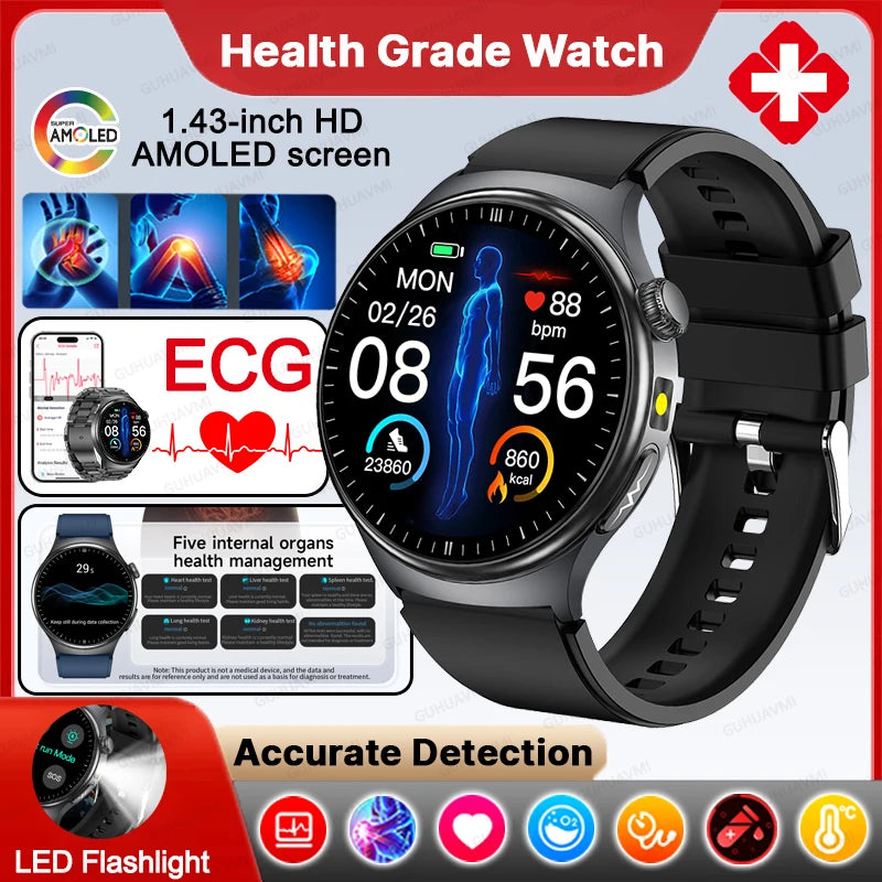 Neue genaue EKG-Smartwatch, Blutfettwerte, Fünf-Organe-Gesundheitscheck, Körpertemperatur, BT-Anruf, Sport-Smartwatches für Herren 2026