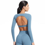 NCLAGEN Yoga-Top mit integriertem BH, langärmeliges Damen-Gym-Oberteil, rückenfreies Workout-Shirt, hochelastisches atmungsaktives Fitness-Shirt