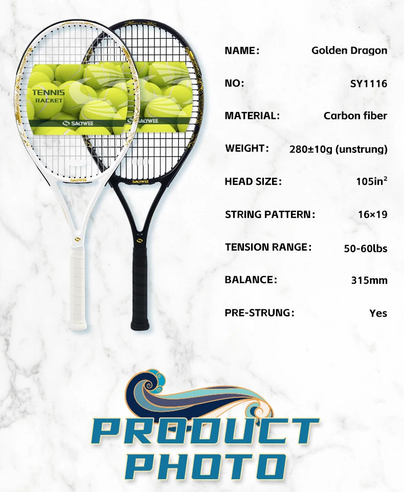 Golden-Dragon Carbonfaser Tennisschläger für Erwachsene, ideal für Fortgeschrittene, Drachen-Design im chinesischen Stil, 50–60 lbs, Gratis-Geschenke