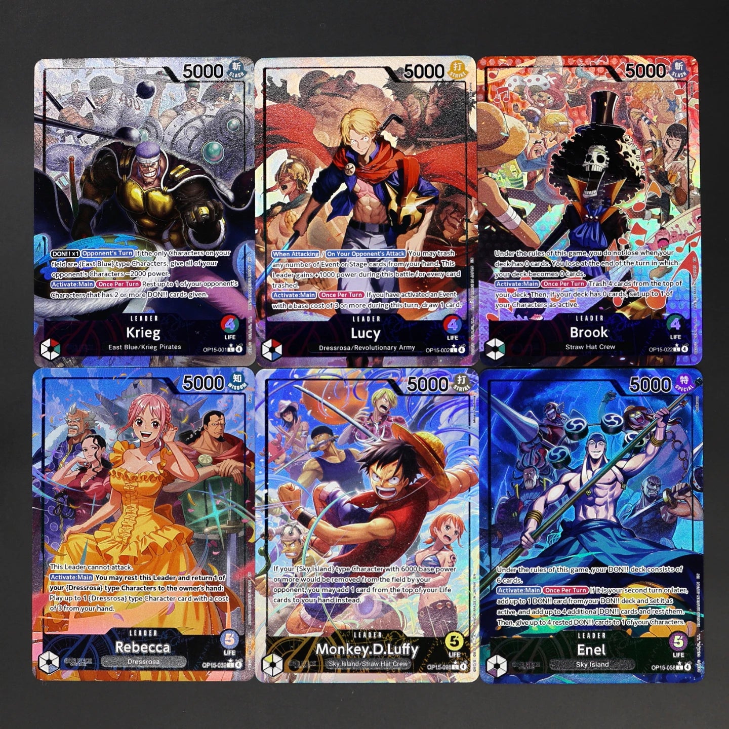One Piece TCG OPCG Englisch Leaderkarte OP15 Leader-Karten-Set Ruffy Lucy Enel Krieg Rebeca Brook KAMI's Island Textured Foil Karte
