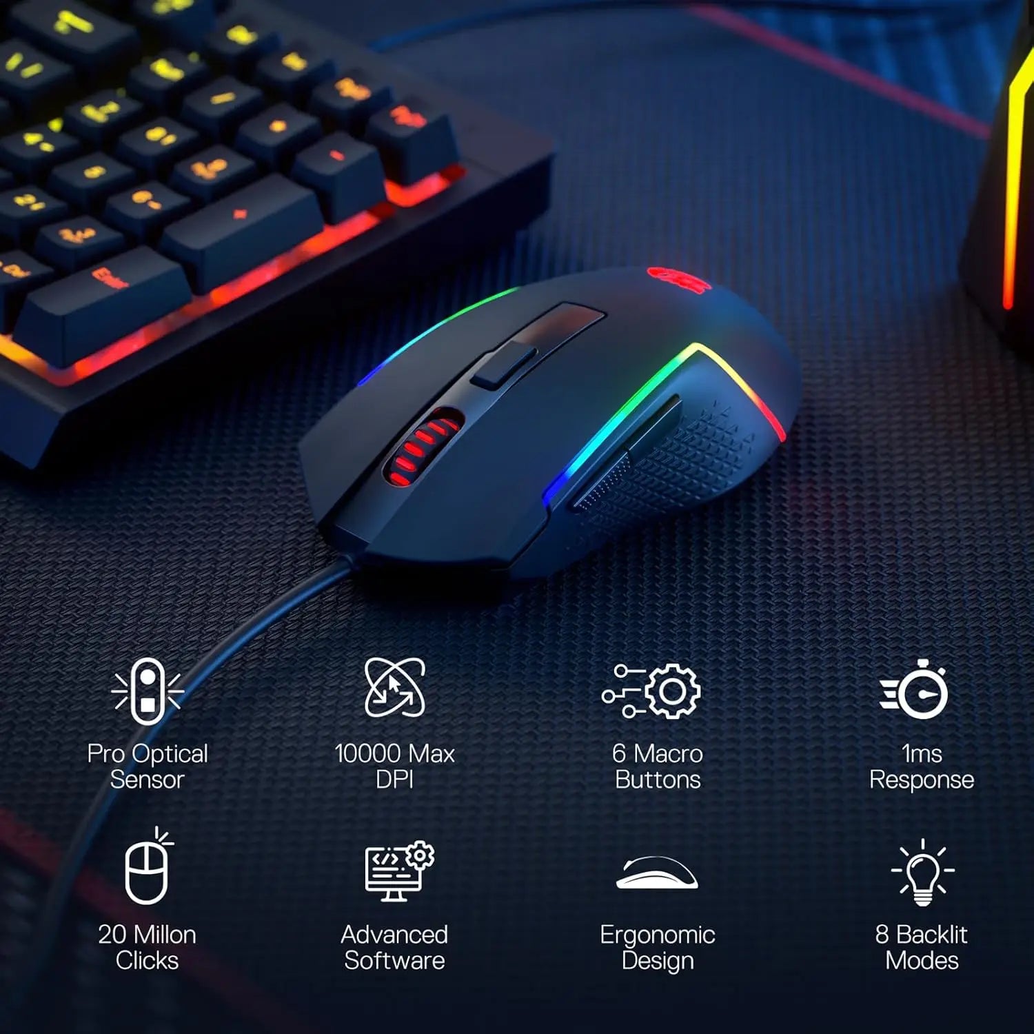 Redragon S141 Gaming-Tastatur- und Maus-Kombination, K515 kabelgebundene RGB-Membran-Tastatur und M616 kabelgebundene Gaming-Maus mit 10000 DPI im Bundle