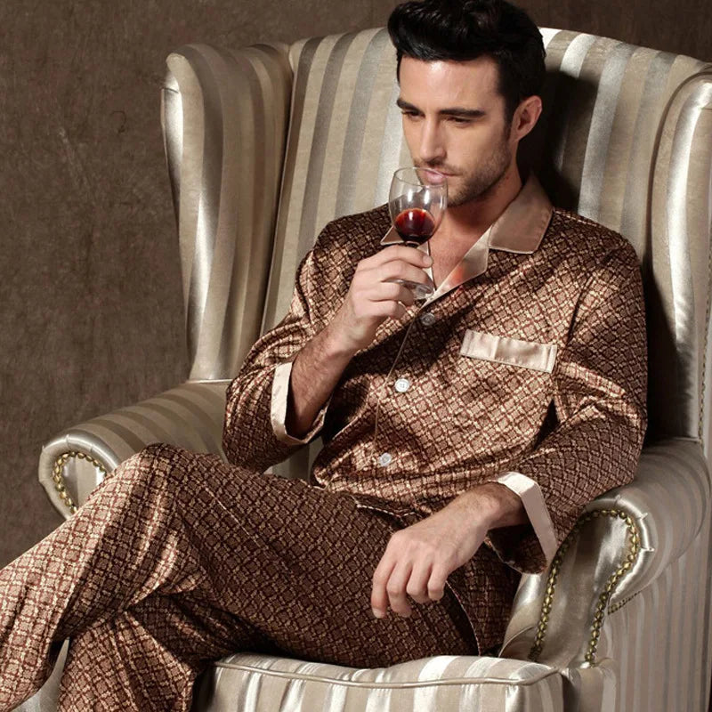 Hochwertiges Pyjama-Set Herren Frühling Herbst Dünn Polyester Eisseide Langarm Schlafanzug Übergröße Sommer Hauskleidung Männlich Hauptbild