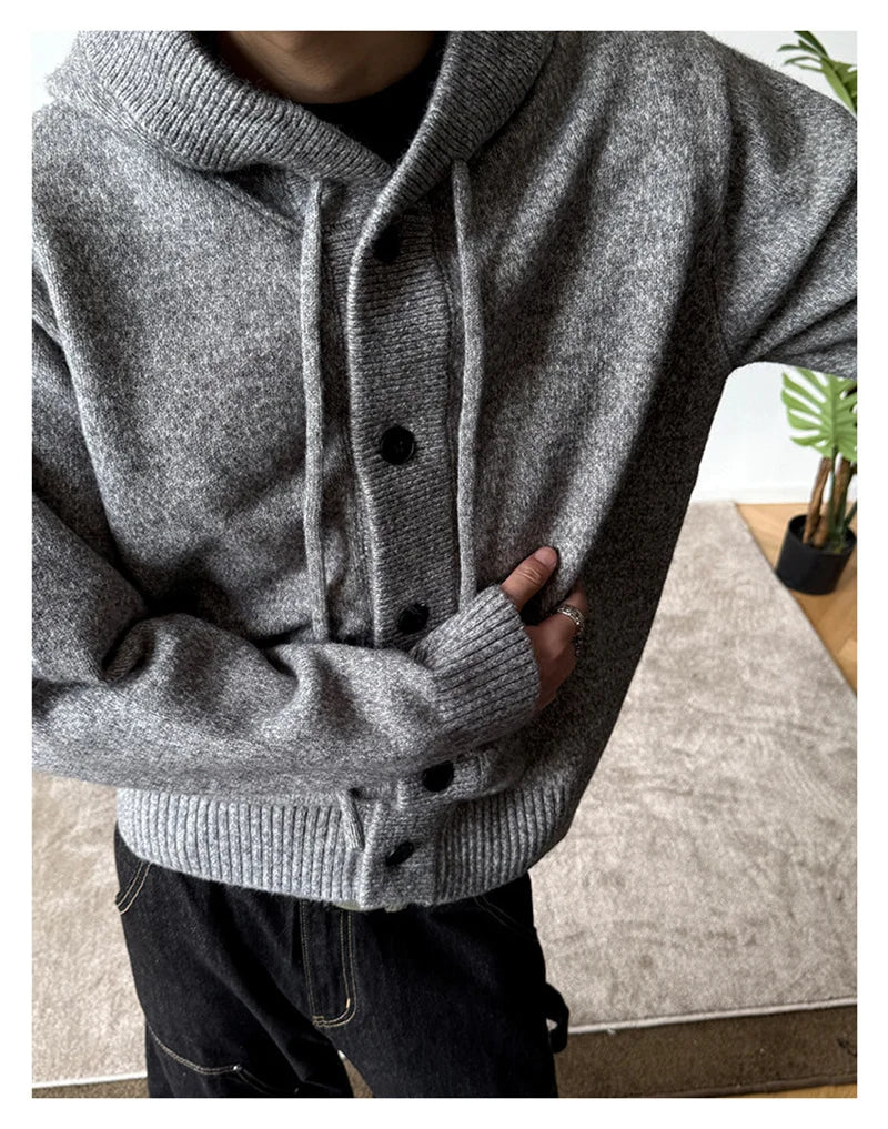 Neue lässige Luxus Strickjacke mit Kapuze für Herren Koreanische Mode Lockerer Cardigan mit Knopfleiste Y2K Vintage Streetwear Strickwaren Mantel