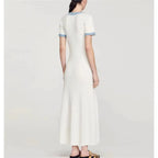 Elegantes, kontrastierendes, gestricktes Maxi-Kleid für Damen, schickes O-Ausschnitt-Kurzarmkleid mit Metallknöpfen, figurbetonte Kleider, Büro-Lady-Pendlerrobe