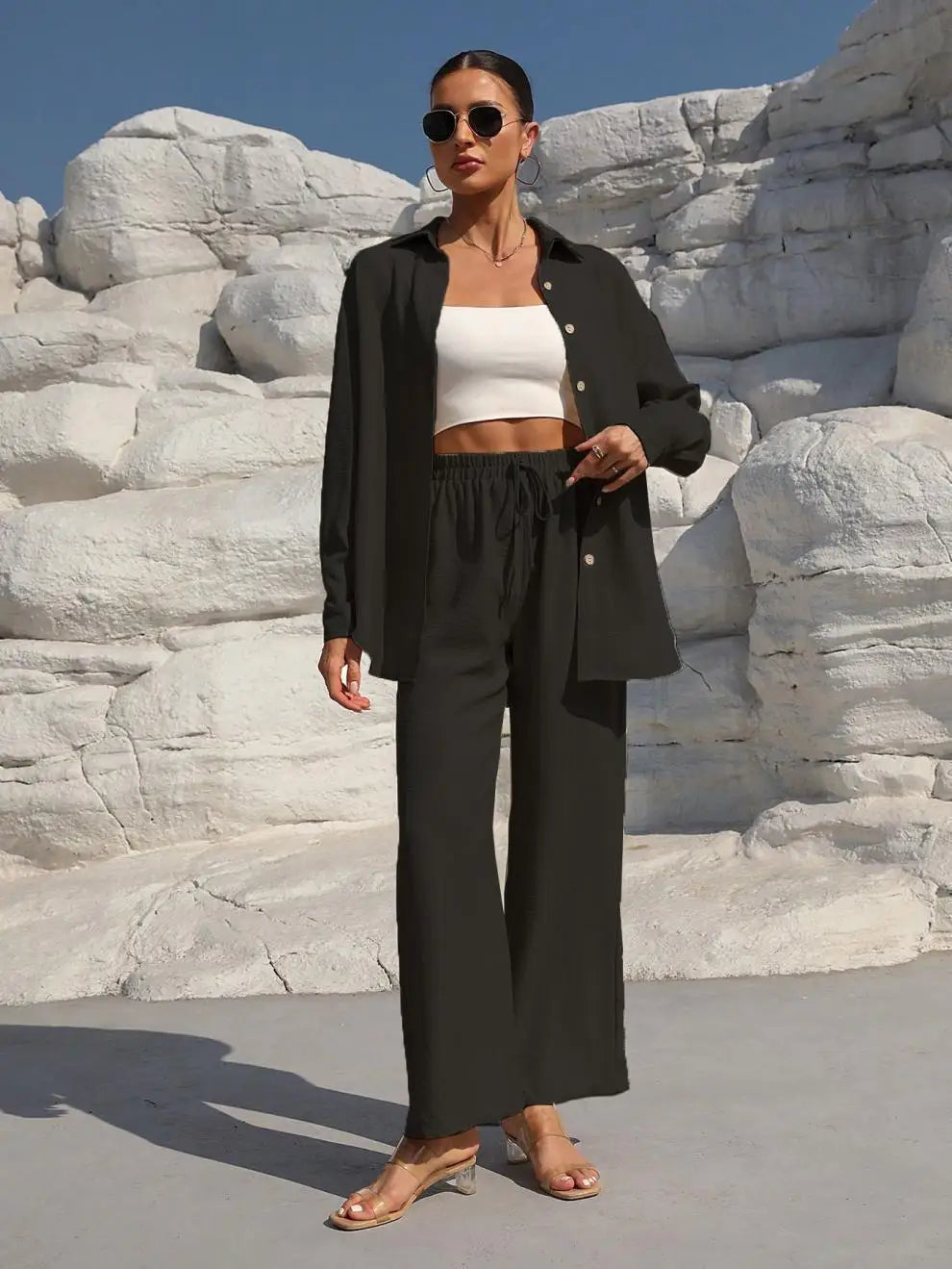Große Größen Casual Locker Zweiteiler Weites Bein Hose Langarmshirt Hellbeige Street Style Elegant Qualität Polyester Somm...