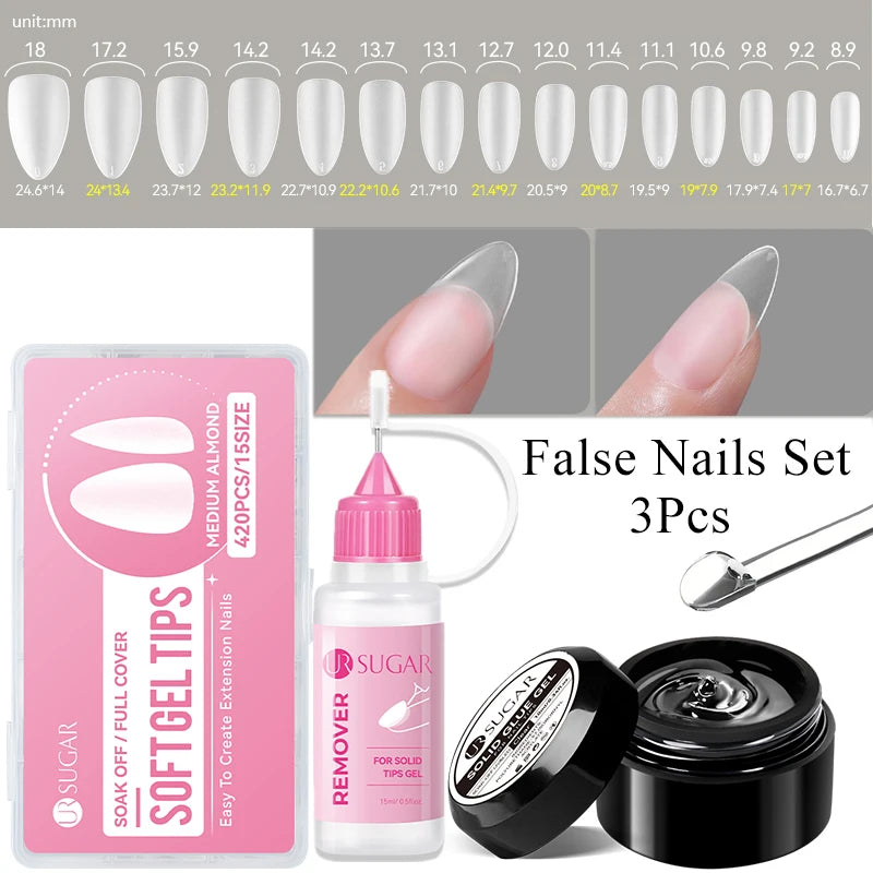 UR SUGAR 3tlg. Künstliche Nägel Set mit 420Stk. matten Soft Gel Tips Solid Glue Gel Entferner Schnelles Nagelverlängerungs-Kit Nagelpflege Starter-Set