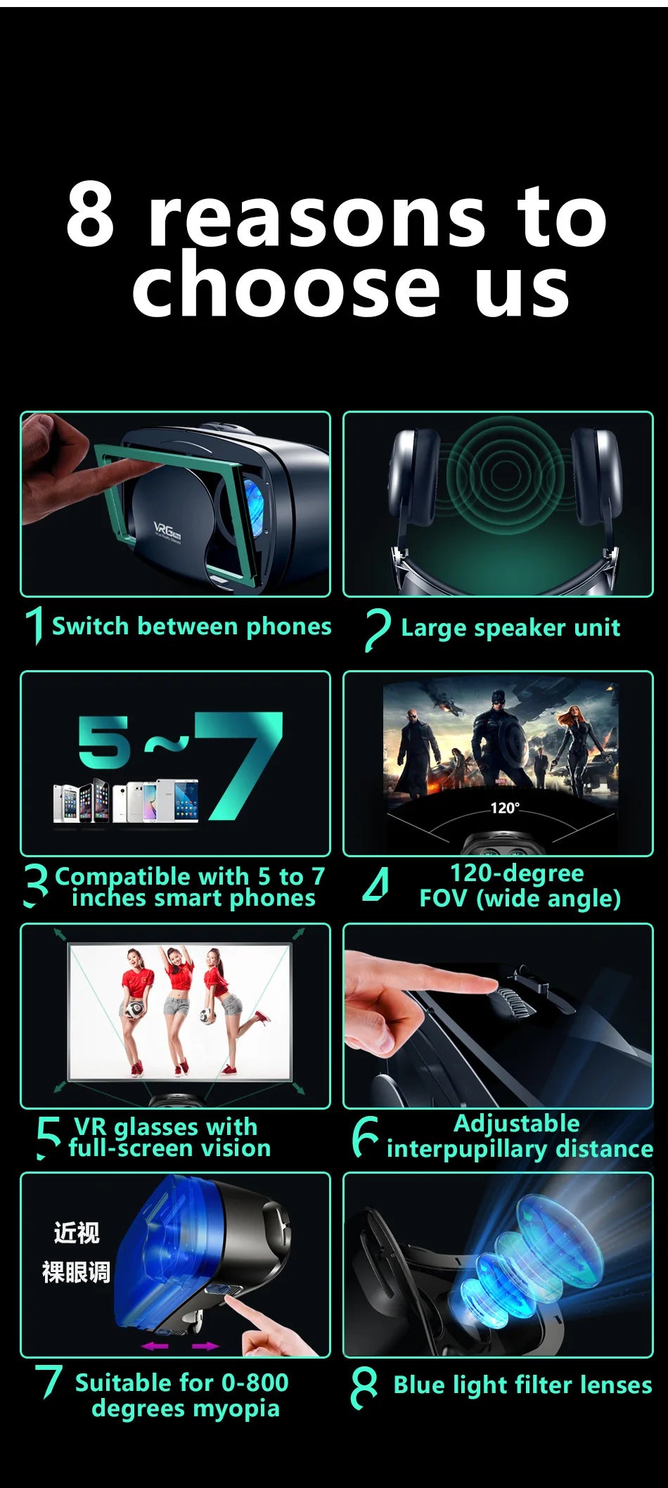 Virtual Reality 3D VR Headset Smart Glasses Helm für Smartphones Handy Mobile 7 Zoll Linsen Fernglas Brille Geräte