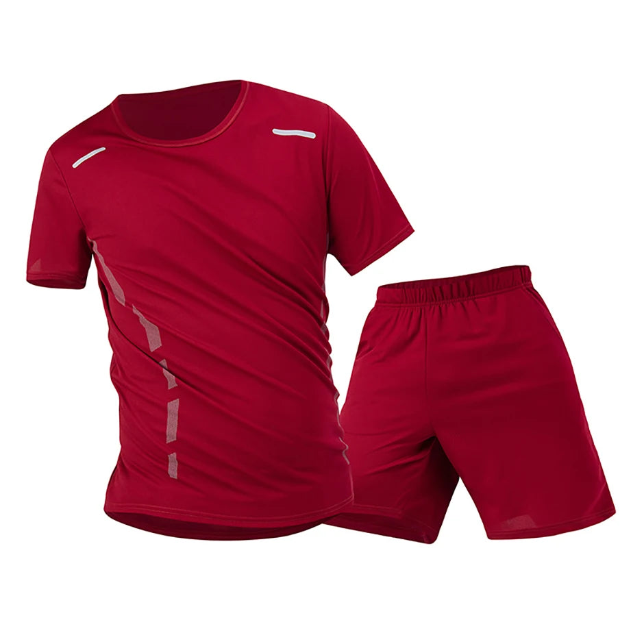 2-Piece Men's Summer Quick drying Sports Suit Loose And Breathable Short Sleeved T-shirt Running And Fitness Black Pocket Shorts