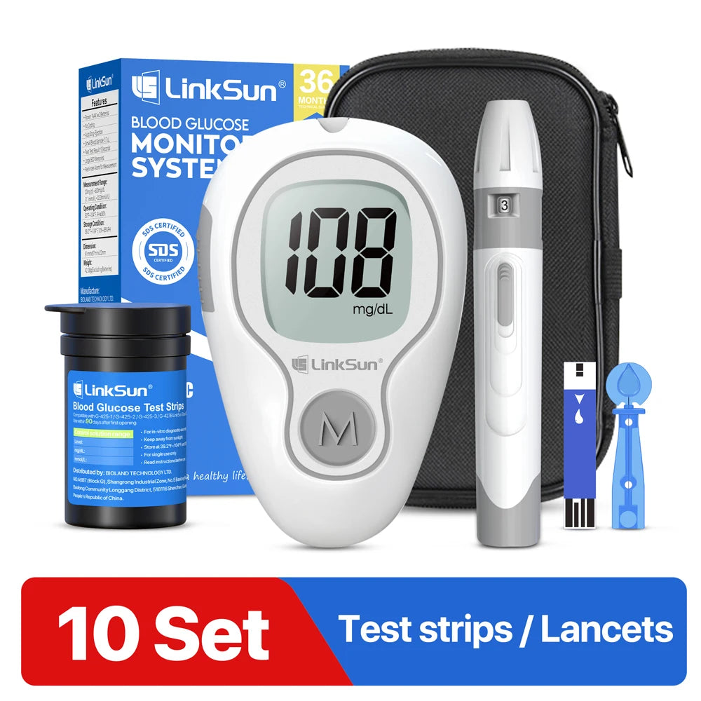 LinkSun Blutzuckermessgerät G-425-3 Glukometer ohne Codierung für Diabetestest 10/50/100 Teststreifen Lanzetten Medizinischer Blutzucker mg/mmol