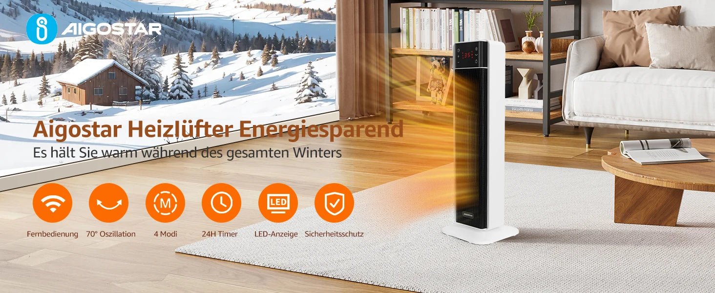 Aigostar Energiespar-Heizlüfter mit Thermostat, 2000W PTC Keramik-Heizlüfter mit Fernbedienung, 70° Oszillation, 4 Modi