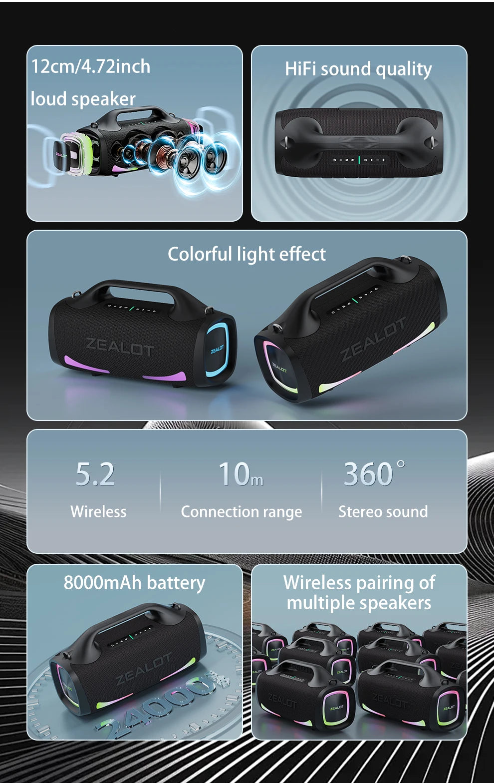 ZEALOT S79 Bluetooth-Lautsprecher 100W Tragbarer Subwoofer HiFi Dual Pairing Schnellladung 24000mAh Akku