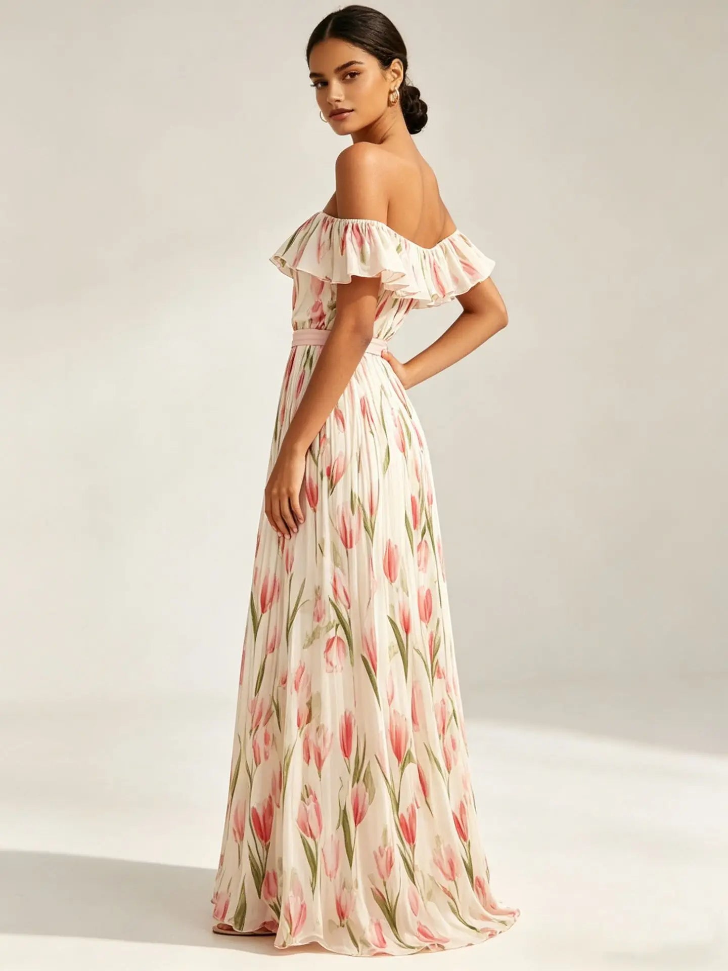 2026 Sommer schulterfreies Kleid mit Tulpenprint in großen Größen, schlankmachend, mit eckigem Ausschnitt und Maxilänge