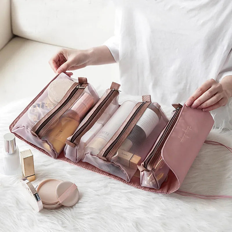 4-in-1 Kosmetiktasche für Damen, Reißverschluss, Netz, trennbare Kosmetiktasche, faltbare Nylon-Tasche, Seil-Make-up-Tasche, Kosmetyczka