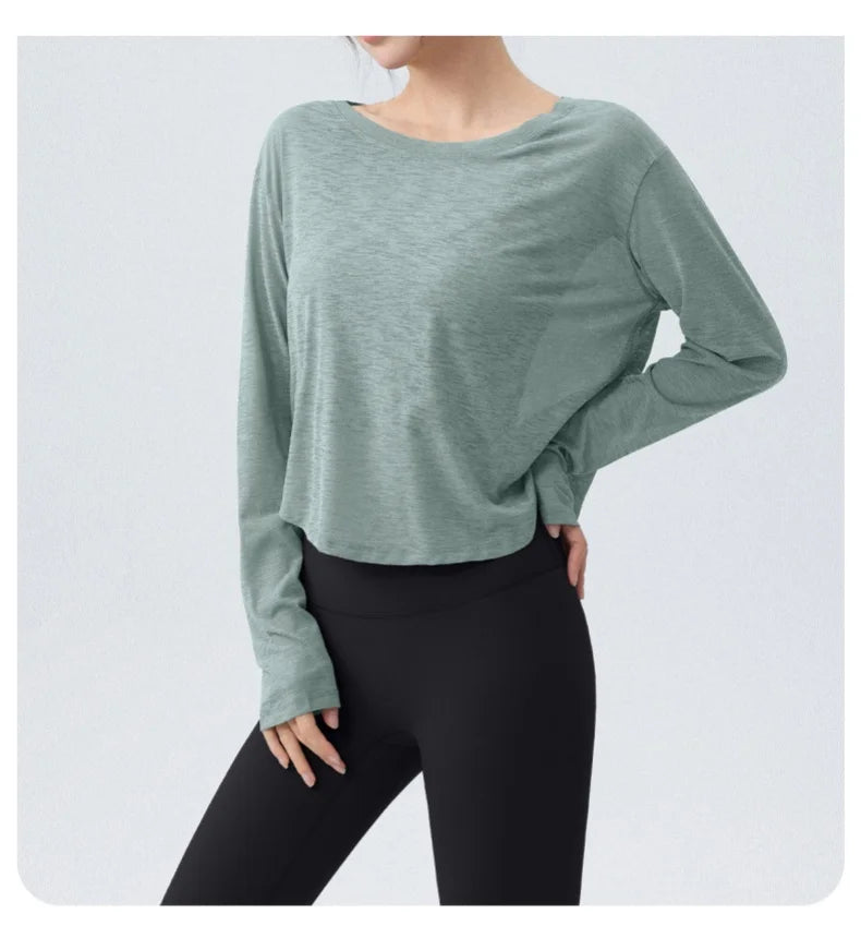 DRUR Damen Langarm Yoga T-Shirts, lockere Passform Sport Fitness Crop Tops lässig leichtes dünnes Shirt für Fitnessstudio Straße Reisen