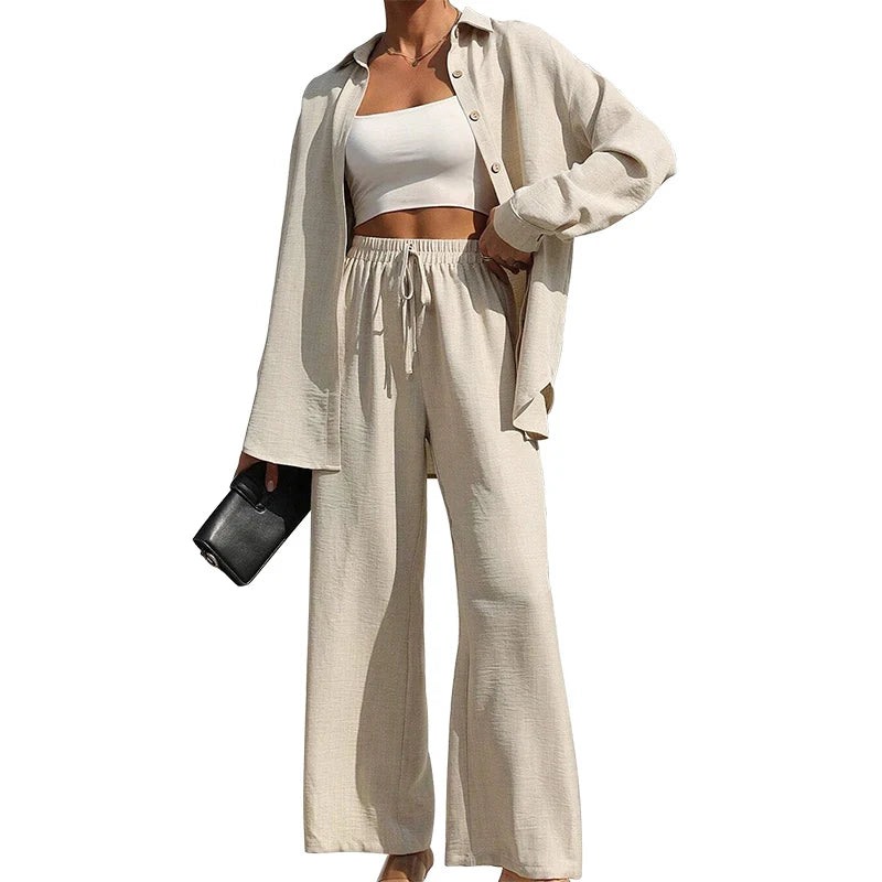 Zweiteiliges Set für Damen: Einfarbiges Hemd mit Knopfleiste und Hose mit weitem Bein und Bindedetail, lässige Bluse mit überschnittenen Schultern und langen Ärmeln & Hose